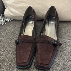 Stuart Weitzman Chocolate Brown Suede Square Toe Stacked Heel Pumps Size 8 AA